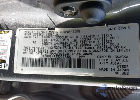 2005 Toyota 4Runner Sr5 V6 from USA, damaged, VIN JTEBU14R350077301